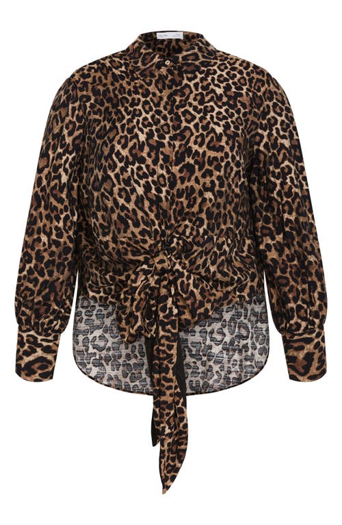 City Chic Ellie Long Sleeve Tie Front Shirt In Brown