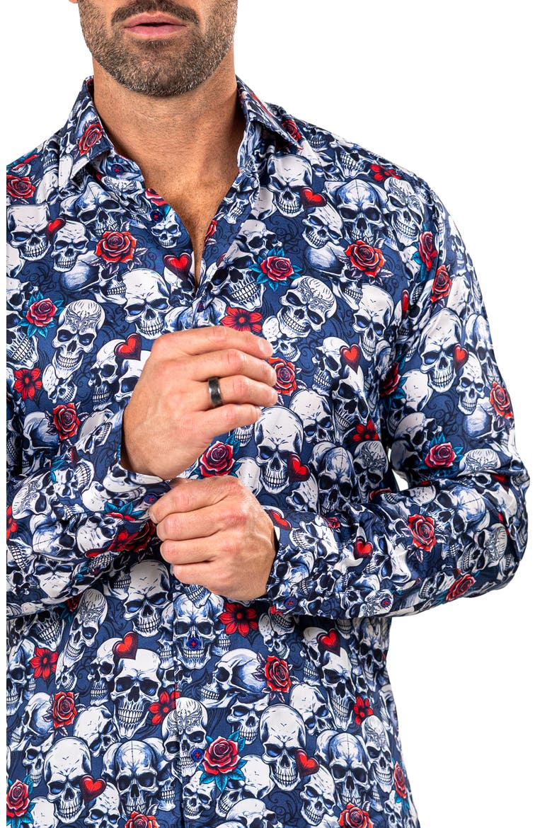 Fibonacci Mathyr0242 Blue Skull Print Button-Up Shirt, Alternate, color, BLUE