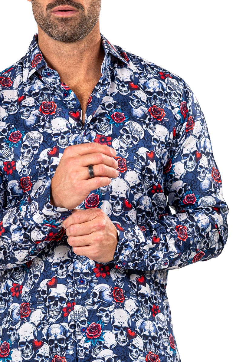 Maceoo Fibonacci Mathyr0242 Blue Skull Print Button-Up Shirt, Alternate, color, 