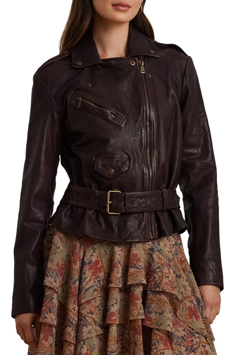 Belted Burnished Leather Jacket, Main, color, PINOT NOIR