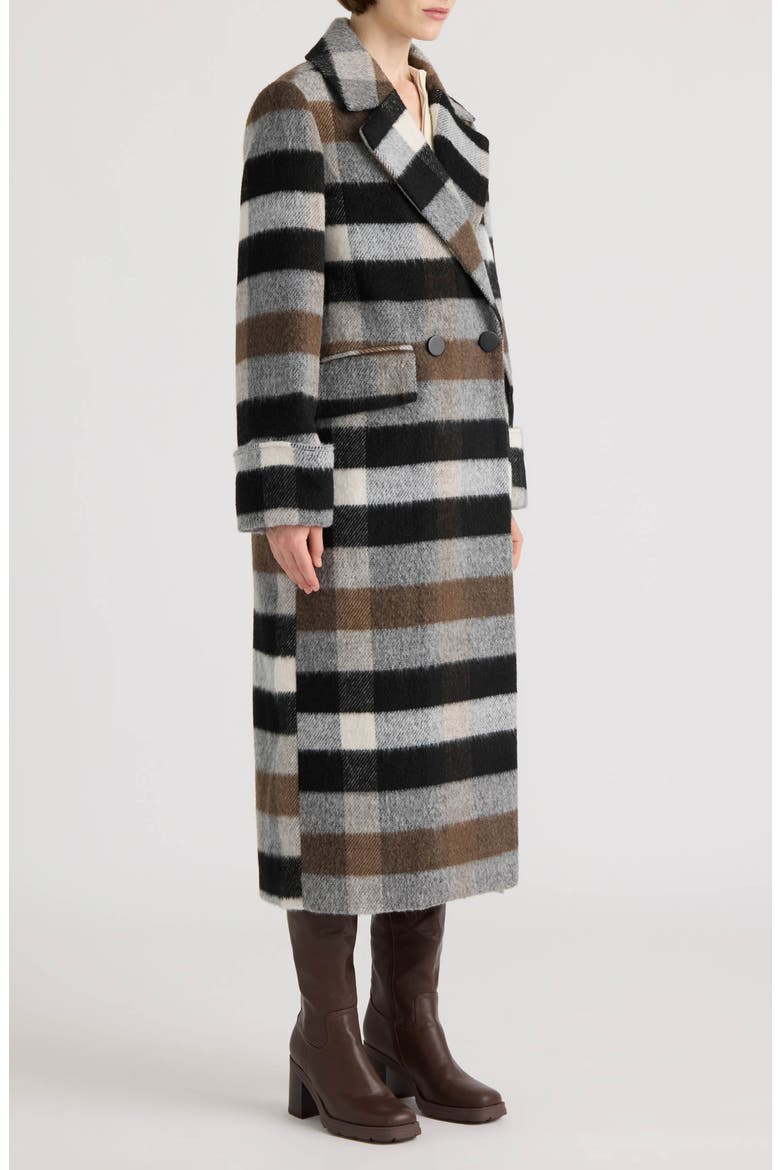 Double Breasted Faux Wool Coat, Alternate, color, BLACK/ BROWN PLAID