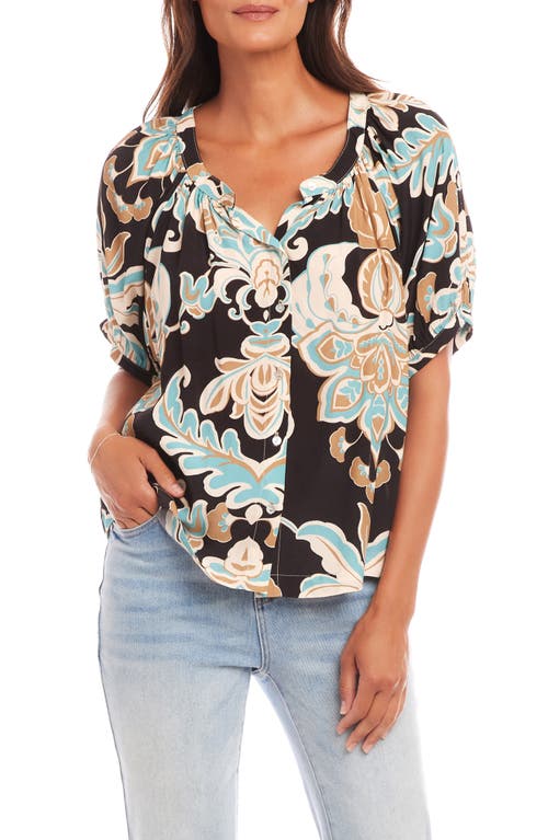 Karen Kane Short Puff Sleeve Button Front Peasant Top In Floral Print In Print