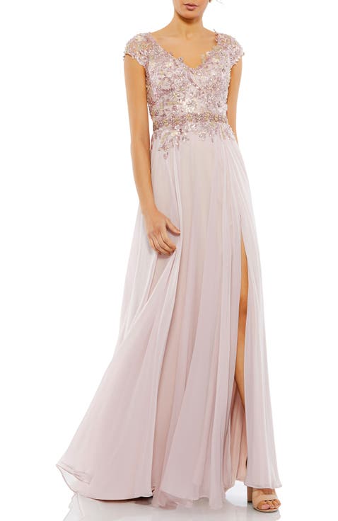 Embellished Cap Sleeve Bodice Chiffon Gown