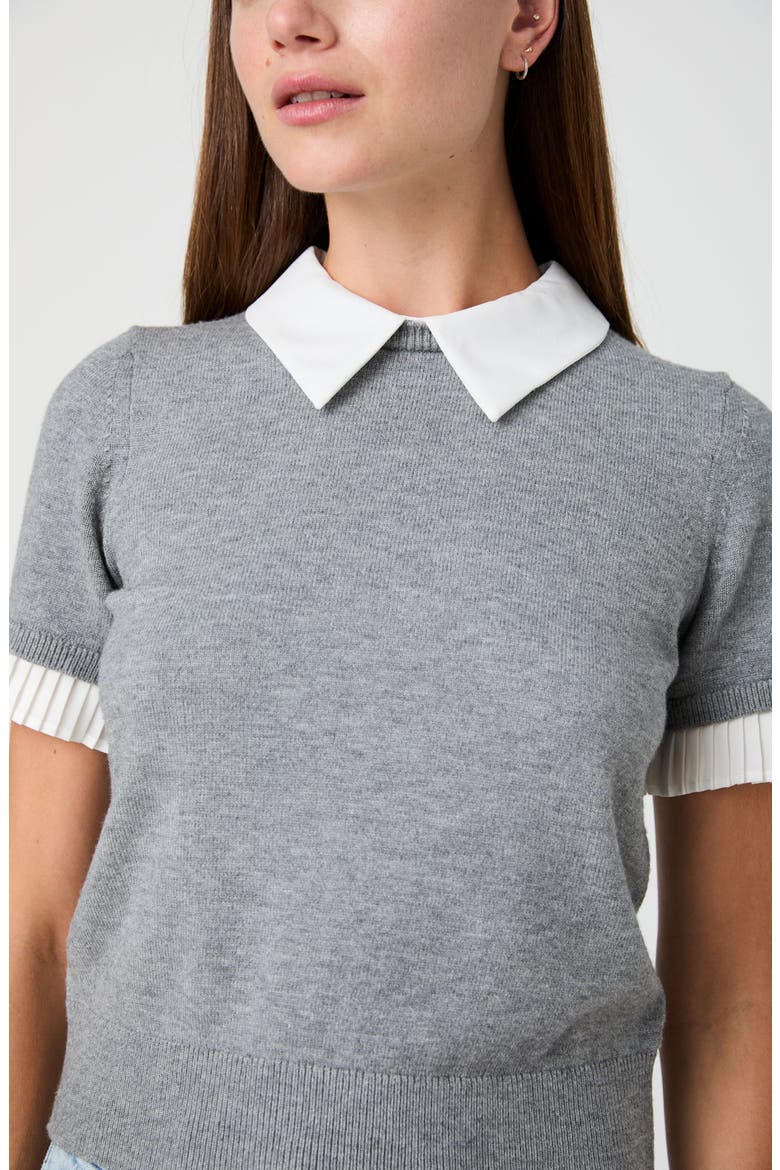 Mixed Media Short Sleeve Sweater, Alternate, color, HEATHER GREY/ WHITE