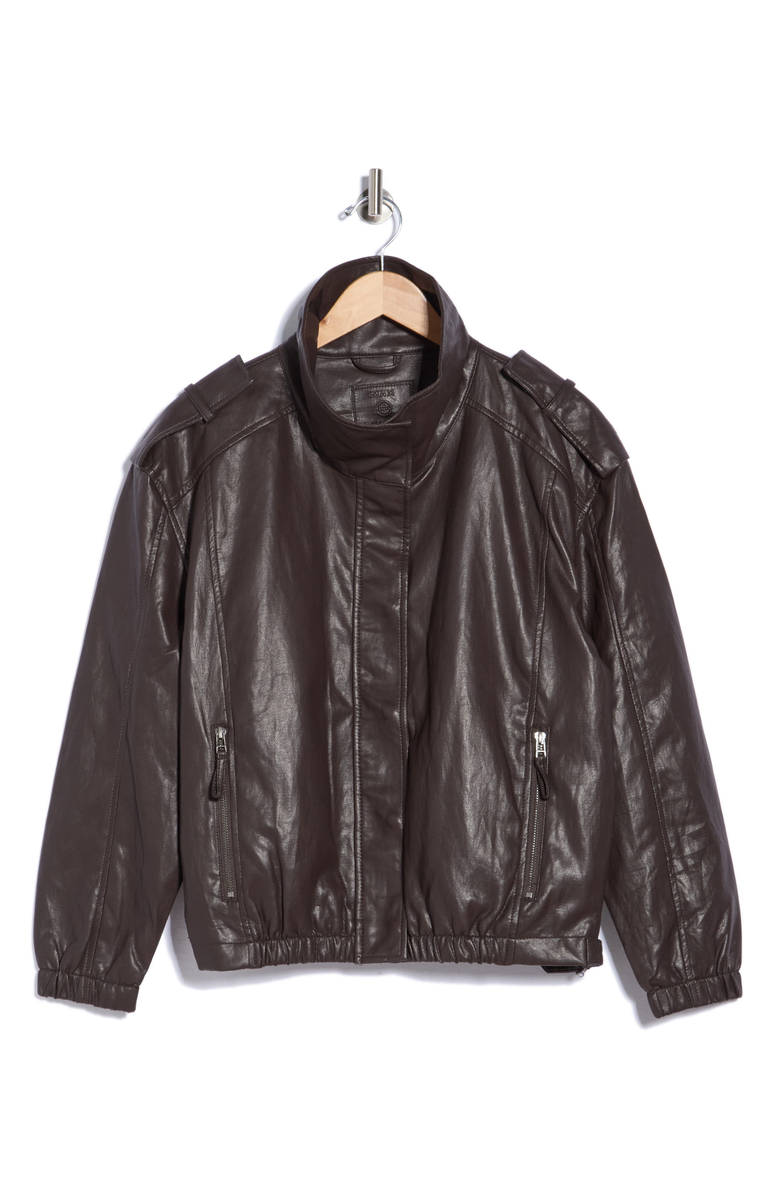 Max Studio Faux Leather Bomber Jacket In Brown