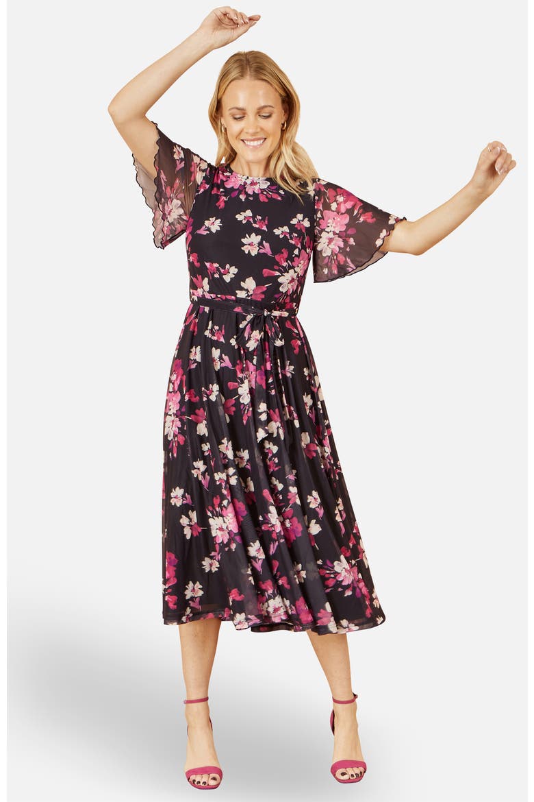 Mesh Skater Floral Midi Dress, Alternate, color, Black