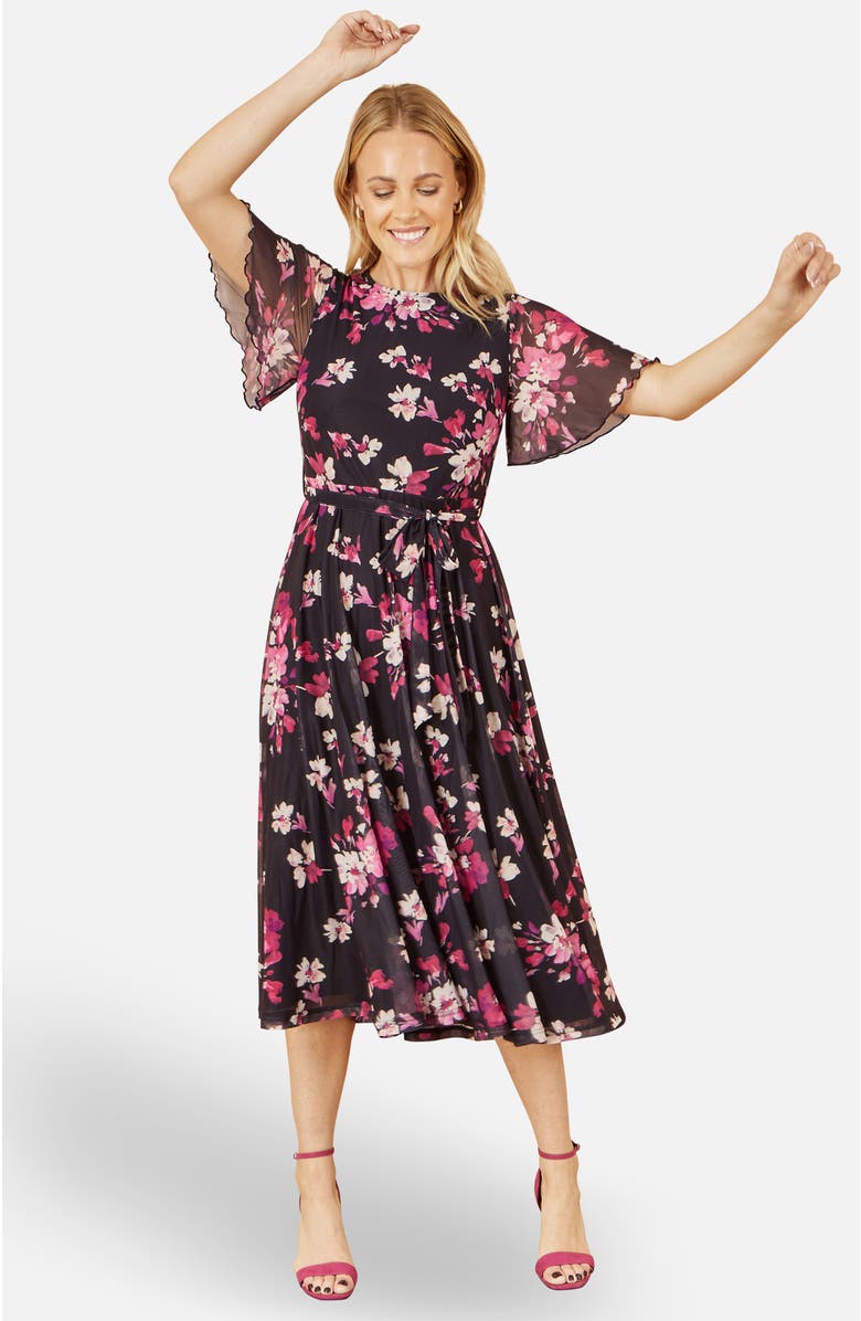 Yumi Mesh Skater Floral Midi Dress, Alternate, color,