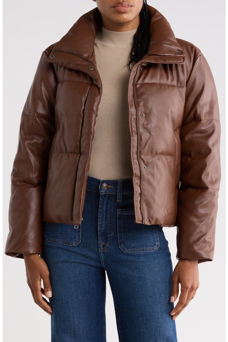 Faux Leather Puffer Jacket, Main, color, DARK BROWN
