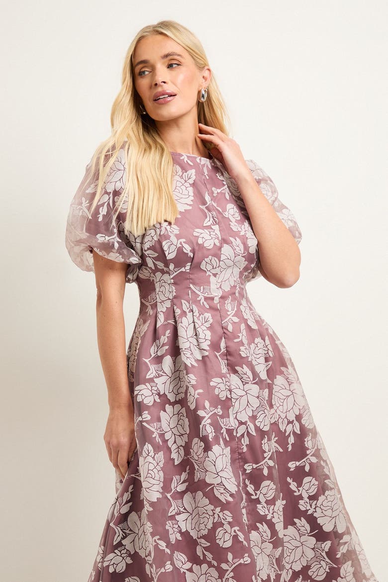 Petite Floral Puff Sleeve Midi Dress, Alternate, color, Rose