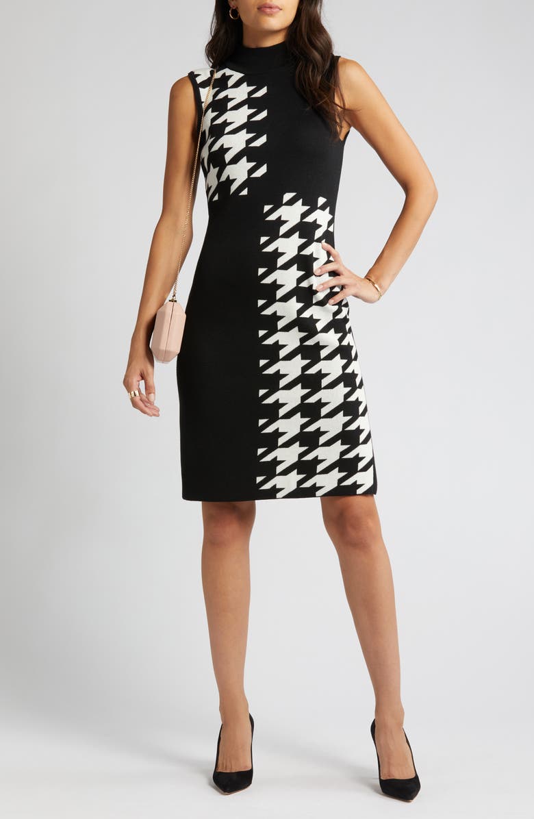 Anne Klein Houndstooth Mock Neck Sweater Dress, Main, color,