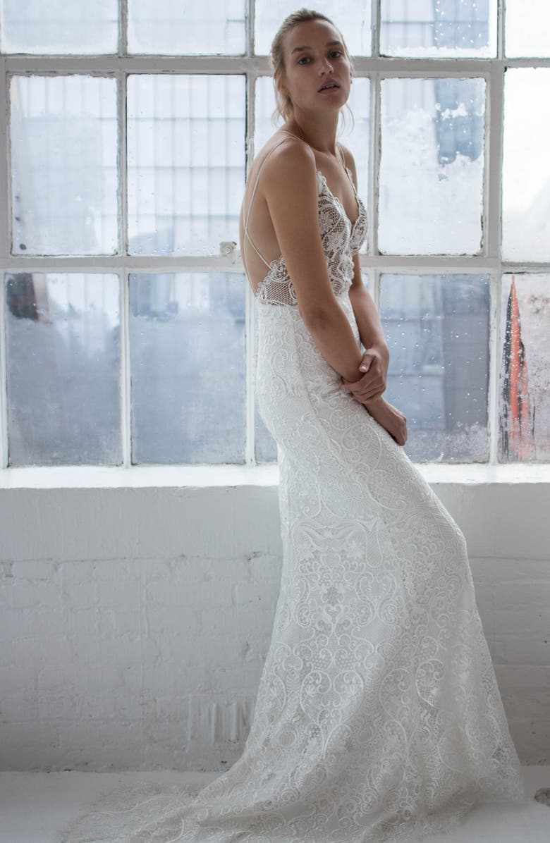 CHOSEN by One Day Jonie Guipure Lace Trumpet Wedding Dress, Alternate, color, 