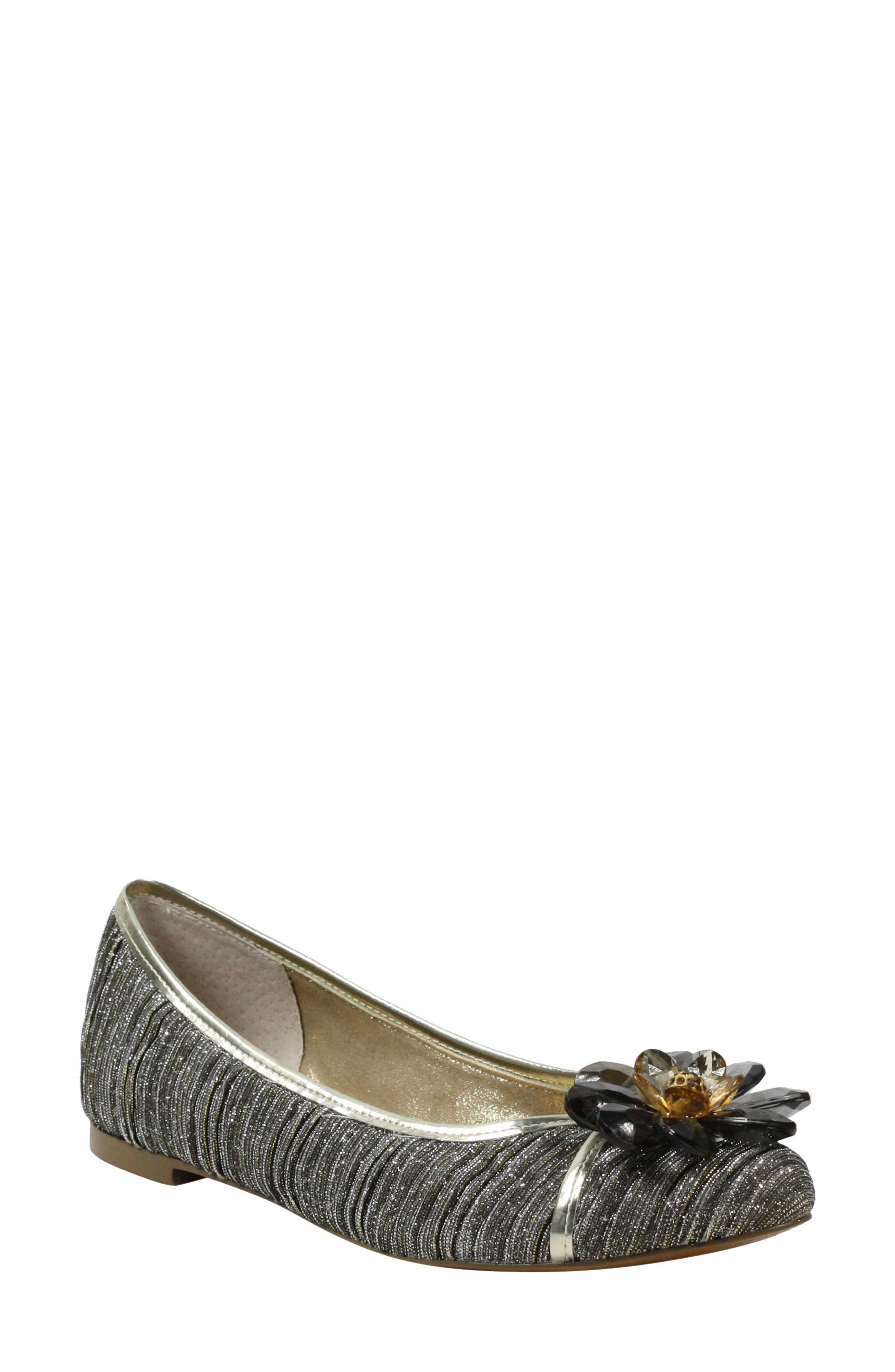 J. Reneé Panyin Crystal Flower Metallic Skimmer Flat, Main, color, 
