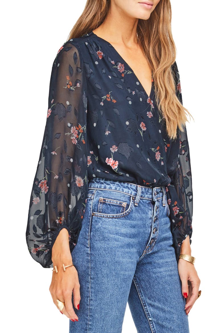 Jill Tie Front Bodysuit, Alternate, color, NAVY FLORAL DOT