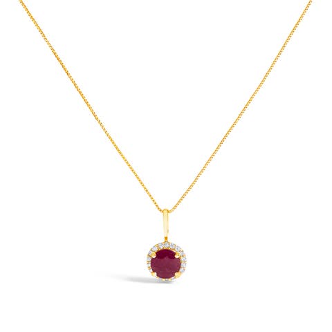 10K Gold Gemstone and 1/10 Cttw Diamond Accent Halo Pendant Necklace