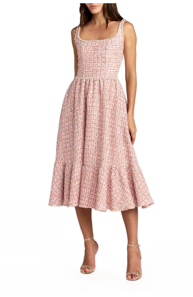 Mac Duggal Pearl Embellished Sleeveless Boucle Midi Dress, Main, color, Pink Multi