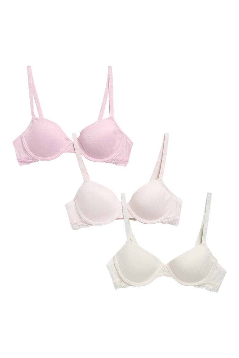Kids' 3-Pack Lace Trim Bras, Main, color, IVORY/CANDY FLOSS/SOFT ORCHID