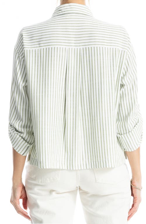 Max Studio Grid Print Roll Sleeve Popover Shirt In Off White Green Alt Stripe
