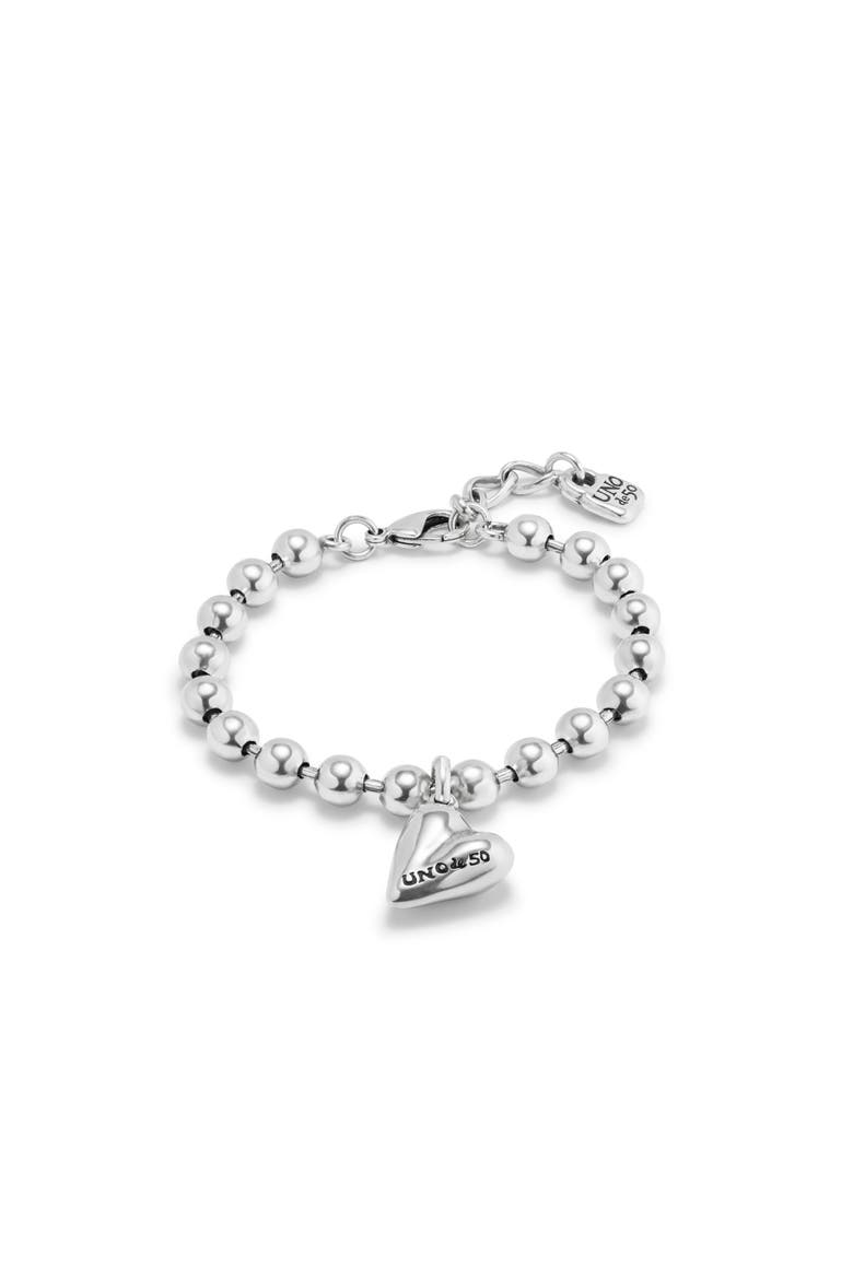 Sterling Silver-Plated Beaded Bracelet with a Heart Charm, Main, color, Silver