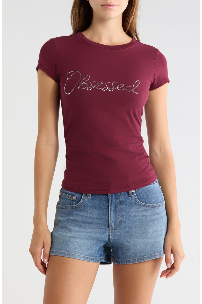 Obsessed Rhinestone Ruched Side T-shirt, Main, color, WINDSOR WINE