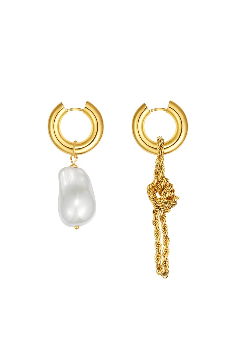 Unique Asymmetrical Rope Chain Baroque Pearl Drop Earrings, Main, color, Gold
