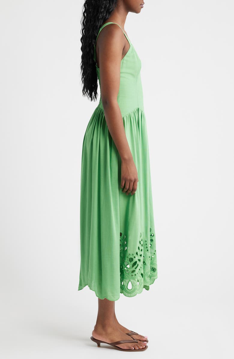 MOON RIVER Eyelet Drop Waist Cotton & Linen Sundress, Alternate, color, Green