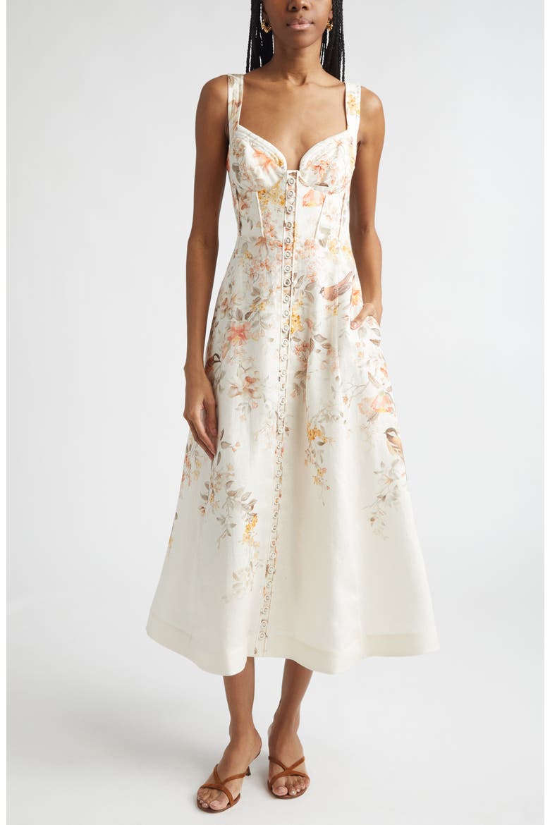 Luna Buttoned Linen Picnic Midi Dress, Main, color, CREAM SONGBIRD