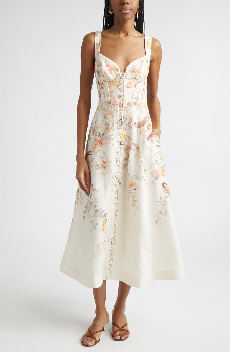 Zimmermann Luna Buttoned Linen Picnic Midi Dress, Main, color, Cream Songbird