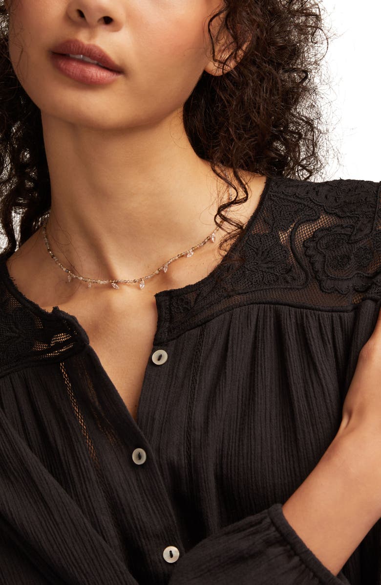 Lucky Brand Lace Inset Bubble Hem Cotton Button-Up Shirt, Alternate, color, Caviar