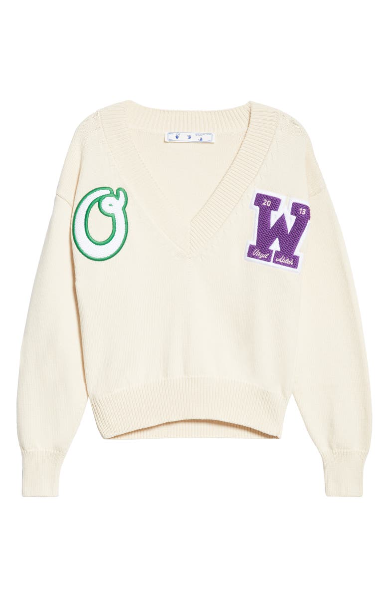 Off-White Varsity Logo V-Neck Cotton Blend Sweater, Alternate, color, 