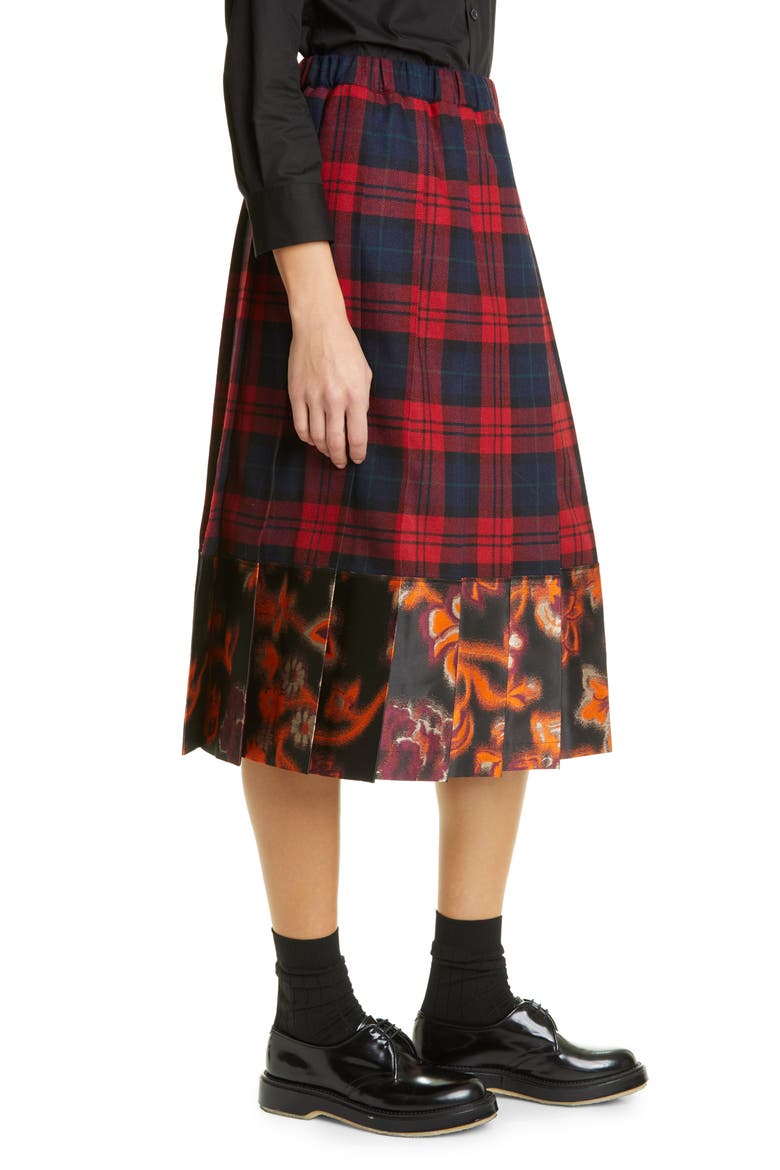 Tricot Comme des Garçons Pleated Check Flannel & Brocade Skirt, Alternate, color, RED/ NAVY X BLK/ RED