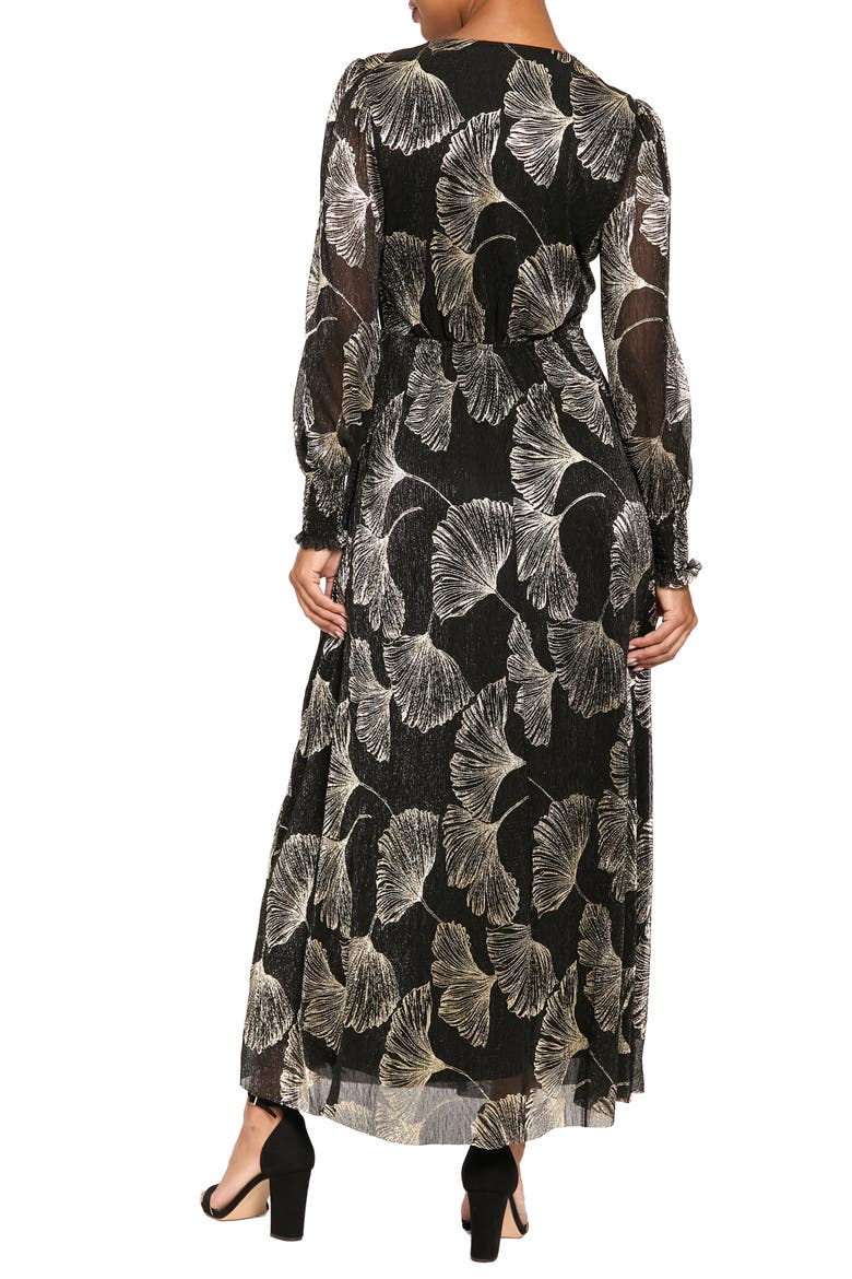 Metallic Long Sleeve Faux Wrap Maxi Dress, Alternate, color, BLACK/ GOLD F