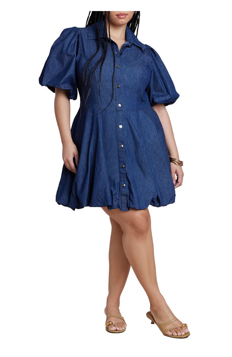 ELOQUII Bubble Detail Denim Mini Dress, Main, color, Dark Wash