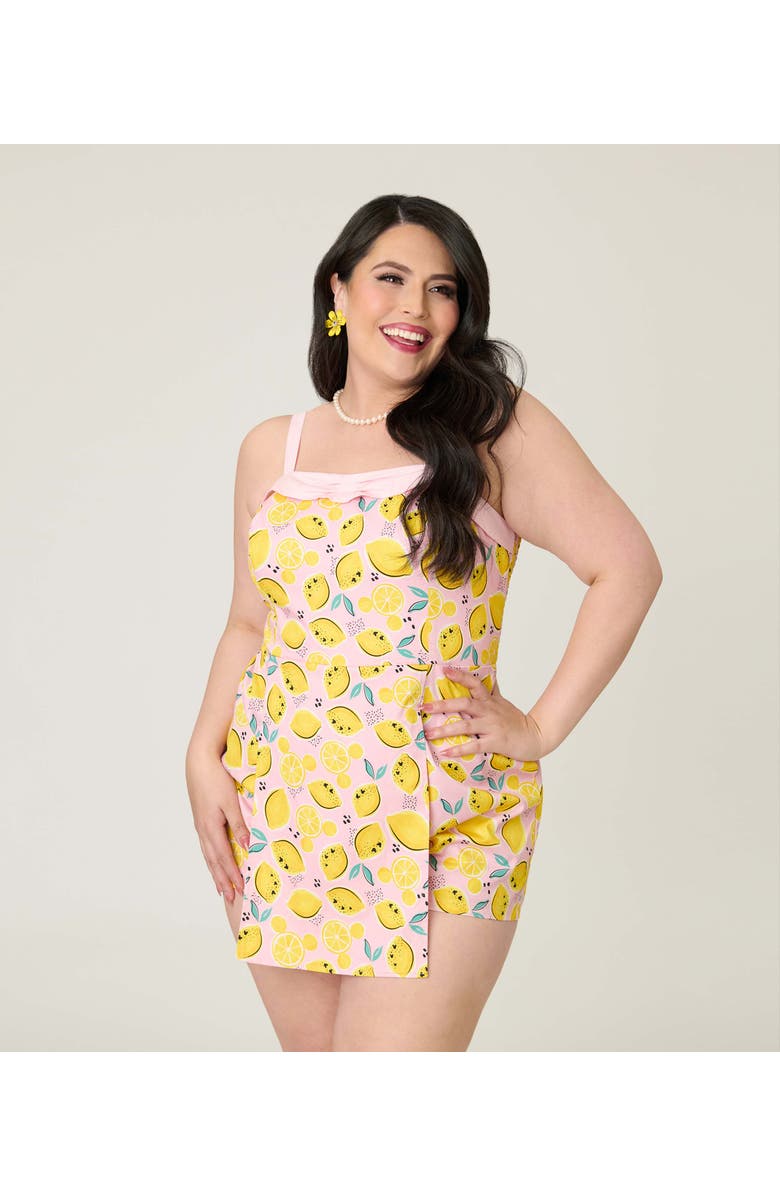 Unique Vintage Plus Size Skirted Dolly Romper, Main, color, Pink & Yellow Citrus