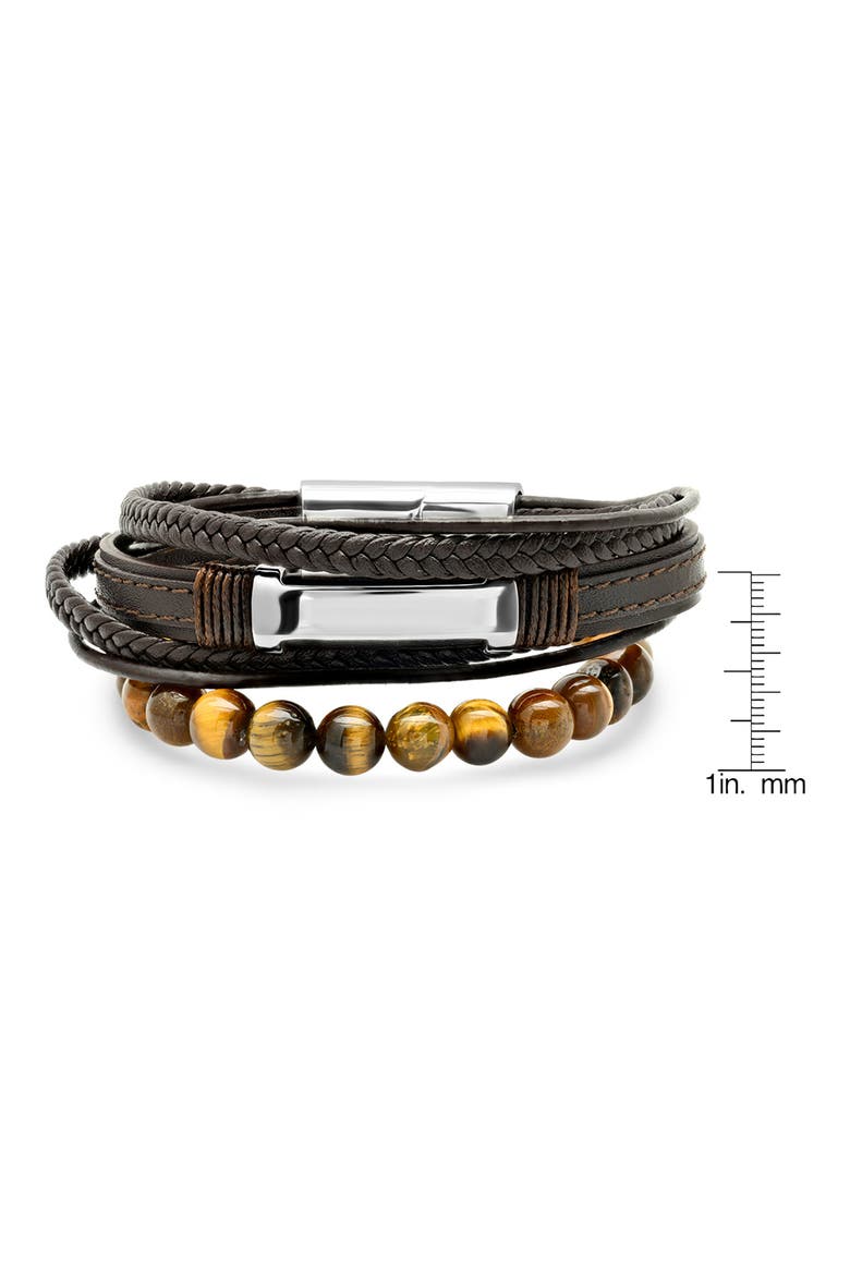 Men's Brown Leather Stainless Steel Tiger's Eye Beaded Layered Bracelet, Alternate, color, BROWN-METALLIC