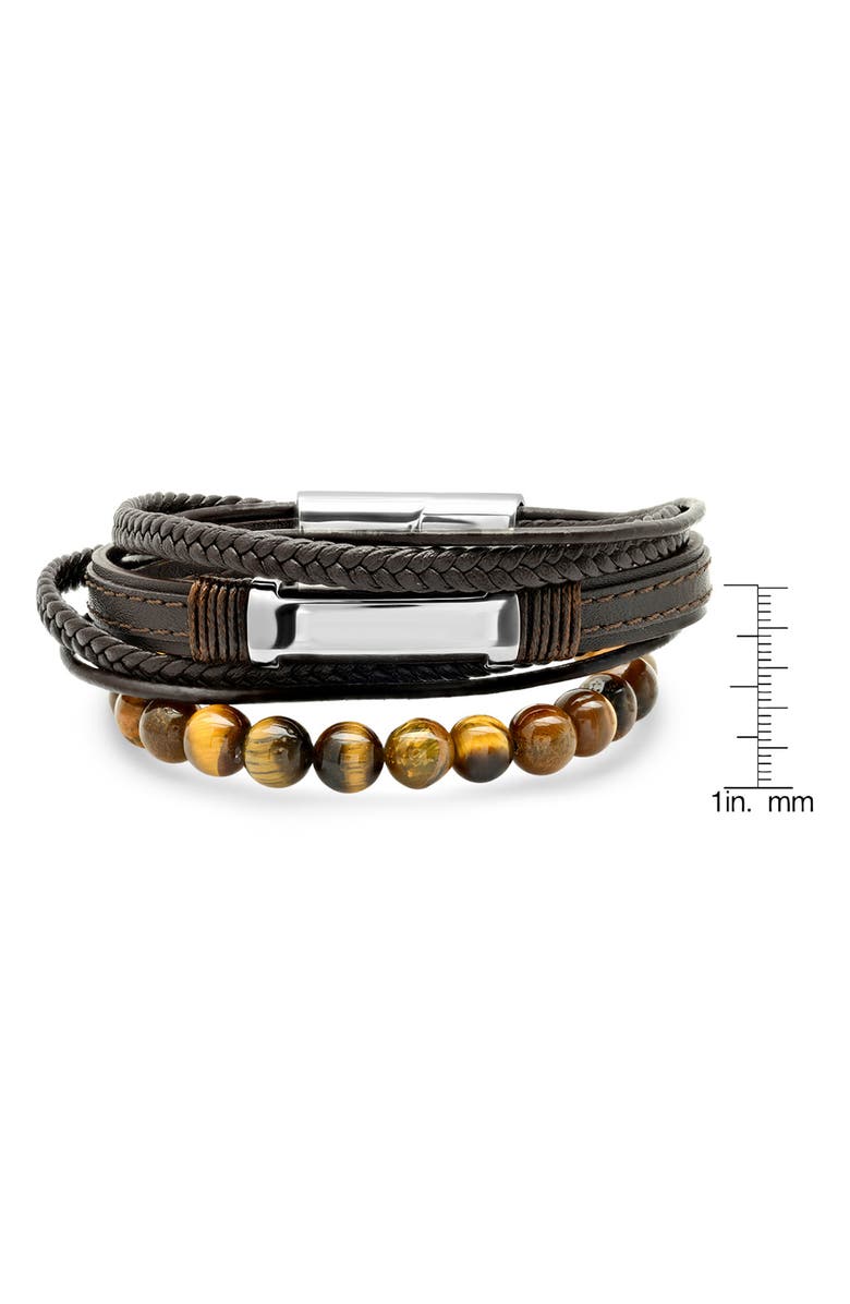 STEELTIME Men's Brown Leather Stainless Steel Tiger's Eye Beaded Layered Bracelet, Alternate, color, Brown-Metallic