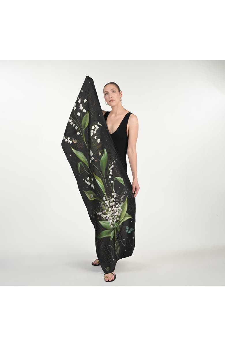 Silk&Soul Lily Of The Valley Silk Scarf, Alternate, color, Black