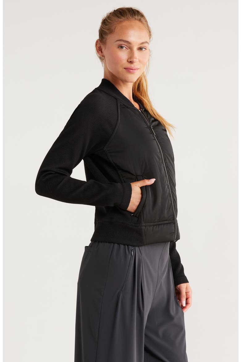 Seamless Mixed Media Bomber Jacket, Alternate, color, BLACK