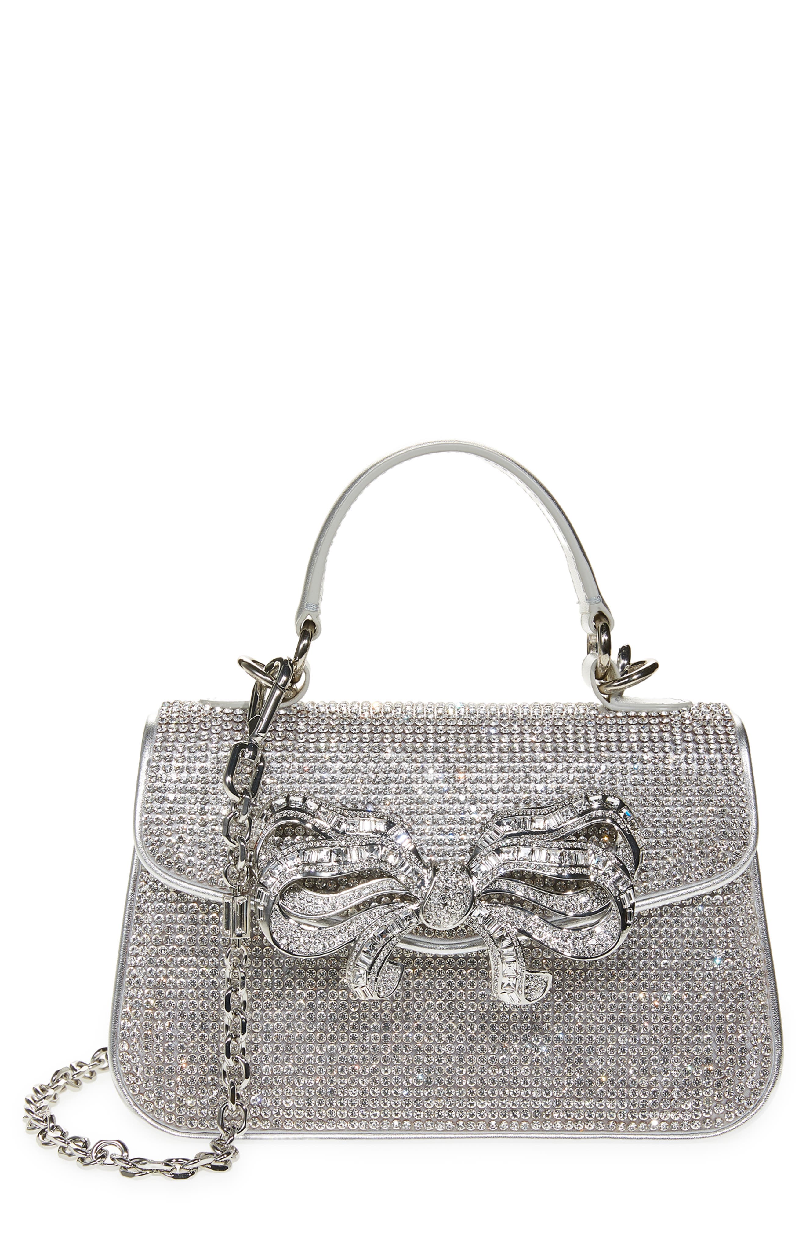 Crystal Bow Top Handle Bag, Main, color, SILVER RHINE