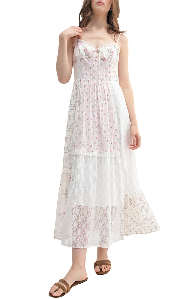 All in Favor Patchwork Sweetheart Neck Midi Dress, Main, color, Ivory Multi Floral