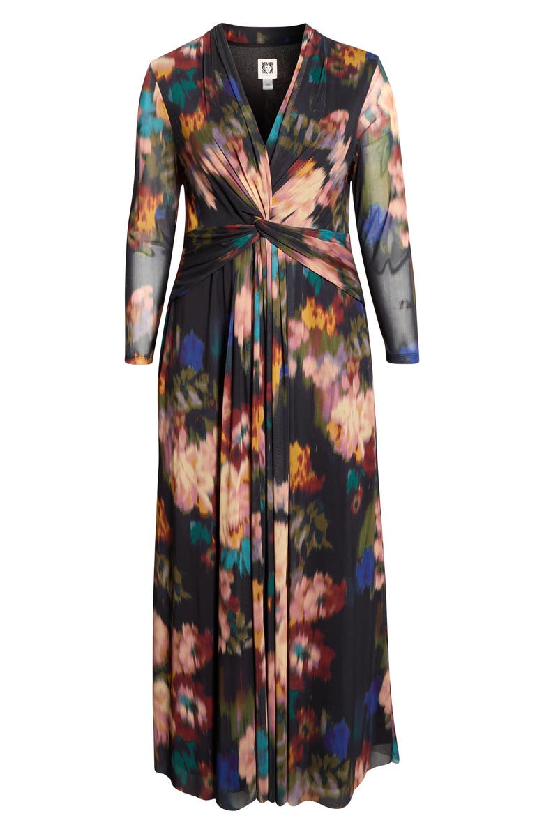 Anne Klein Blurred Floral Twist Front Long Sleeve Mesh Maxi Dress, Alternate, color, Anne Black Multi