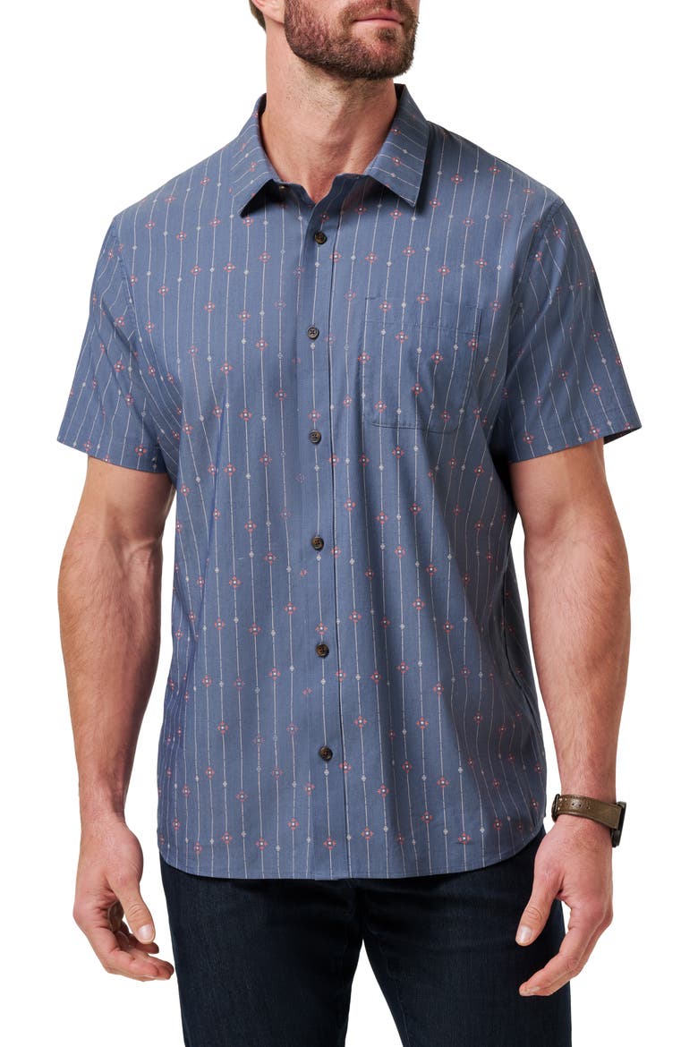 Deco Short Sleeve Cotton Blend Button-Up Shirt, Main, color, HEATHER MOOD INDIGO