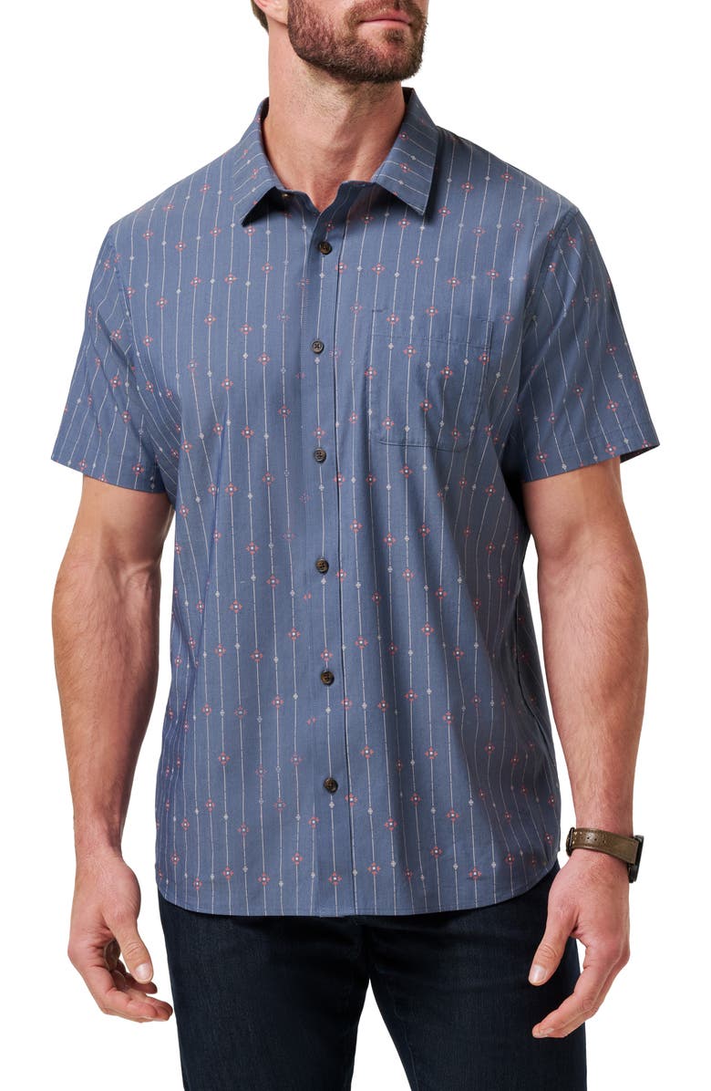 TravisMathew Deco Short Sleeve Cotton Blend Button-Up Shirt, Main, color, Heather Mood Indigo