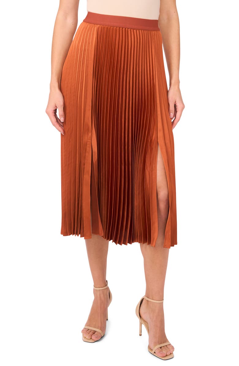 Halogen<sup>®</sup> Pleated Slit Hem Midi Skirt, Main, color, Baked Clay
