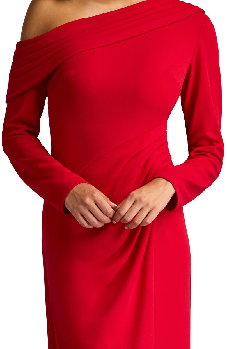 Tadashi Shoji Pleated One-Shoulder Long Sleeve Crepe Gown, Alternate, color, Flame