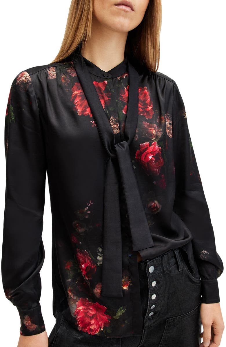 AllSaints Toni Floral Print Tie Neck Shirt, Alternate, color, 