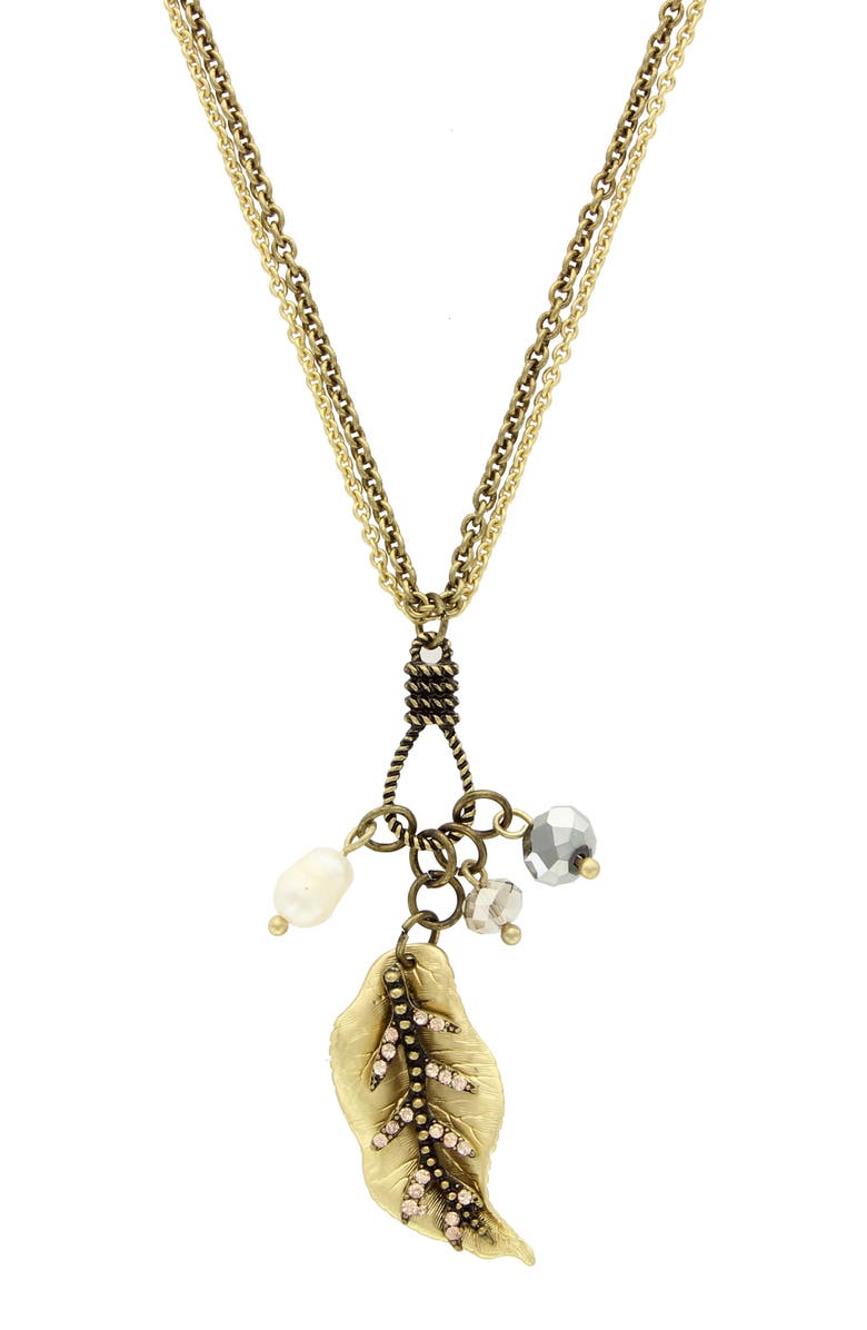 OLIVIA WELLES Leaf & Imitation Pearl Pendant Necklace, Main, color, Matte Gold / Oxidized Brass