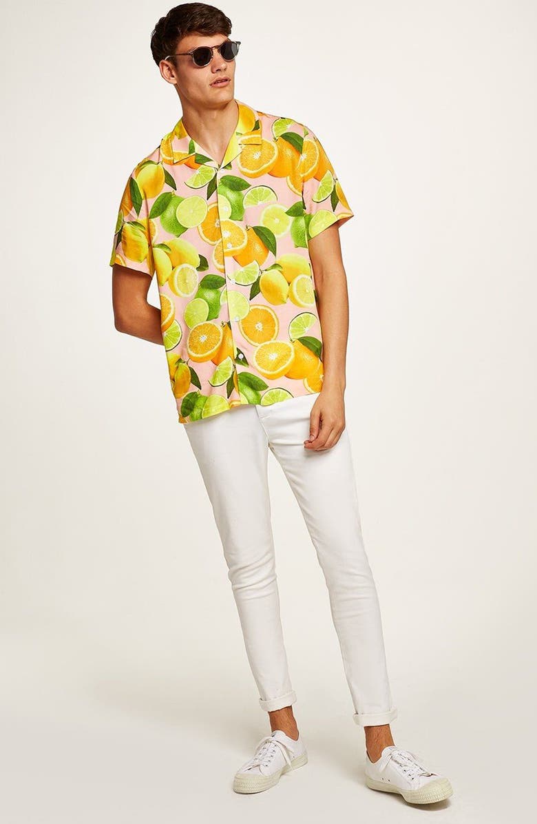 Topman Lemon Print Camp Shirt, Alternate, color,