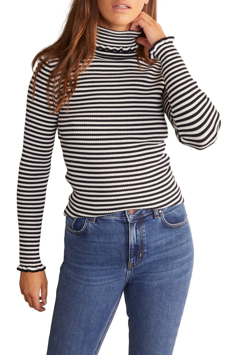 Frill Turtleneck Cotton Blend Sweater, Main, color, NAVY/ IVORY STRIPE