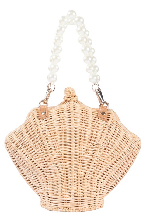 Rattan Shell Faux Pearl Top Handle Bag