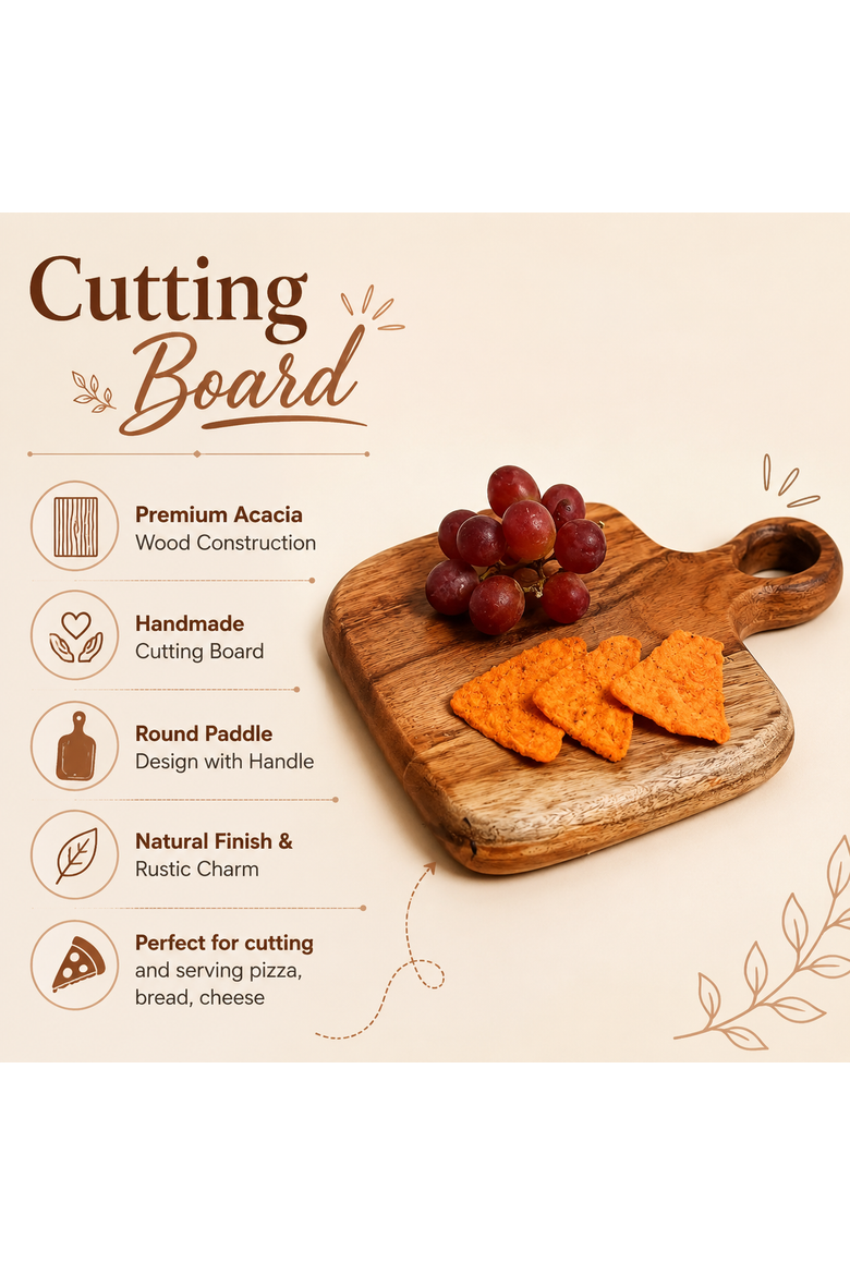 Round Acacia Wood Cutting Board with Handle, Alternate, color, Natural Wood